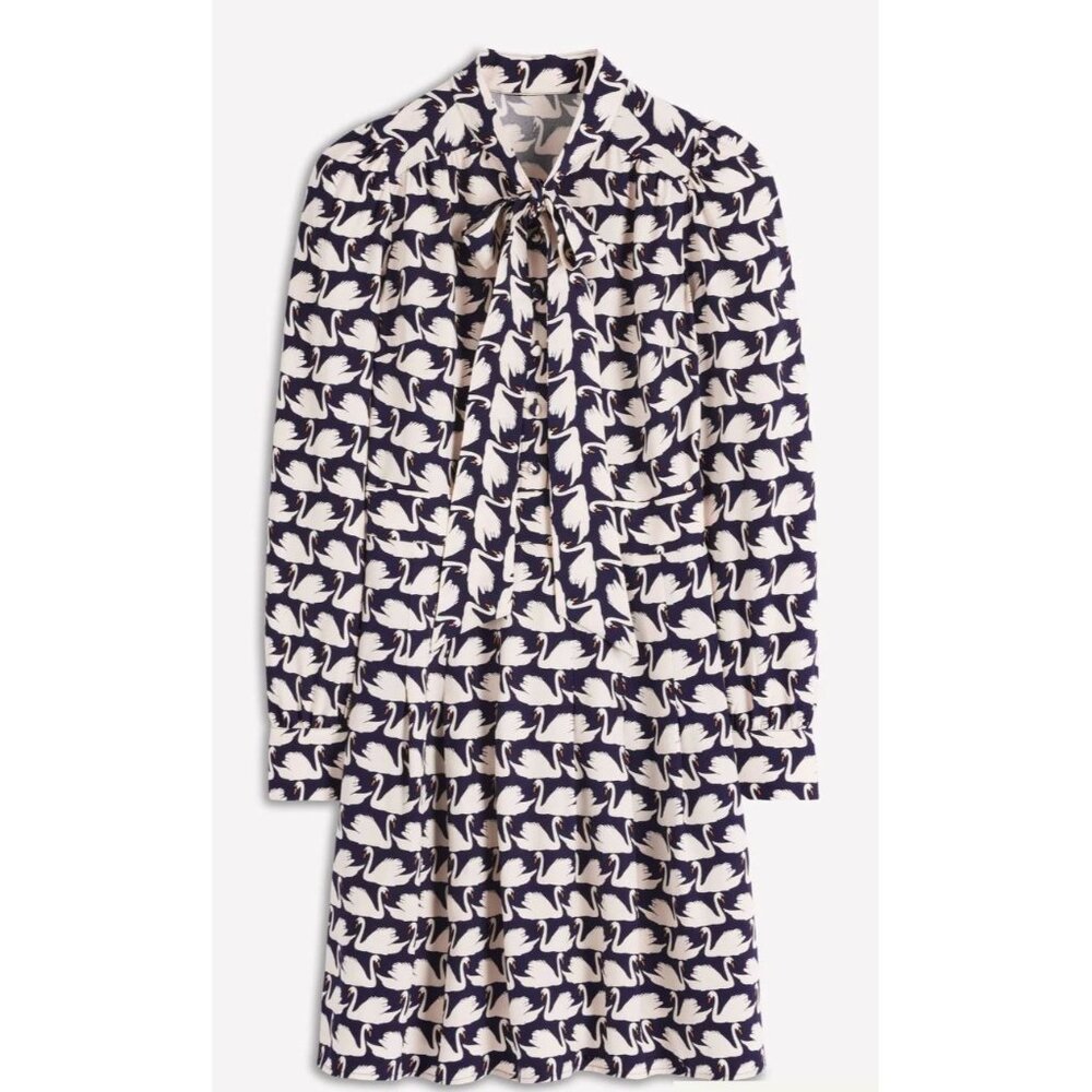 NWT Women's Boden Tie Neck Short Dress French Navy + White Swan Print Size 6R - Picture 3 of 9